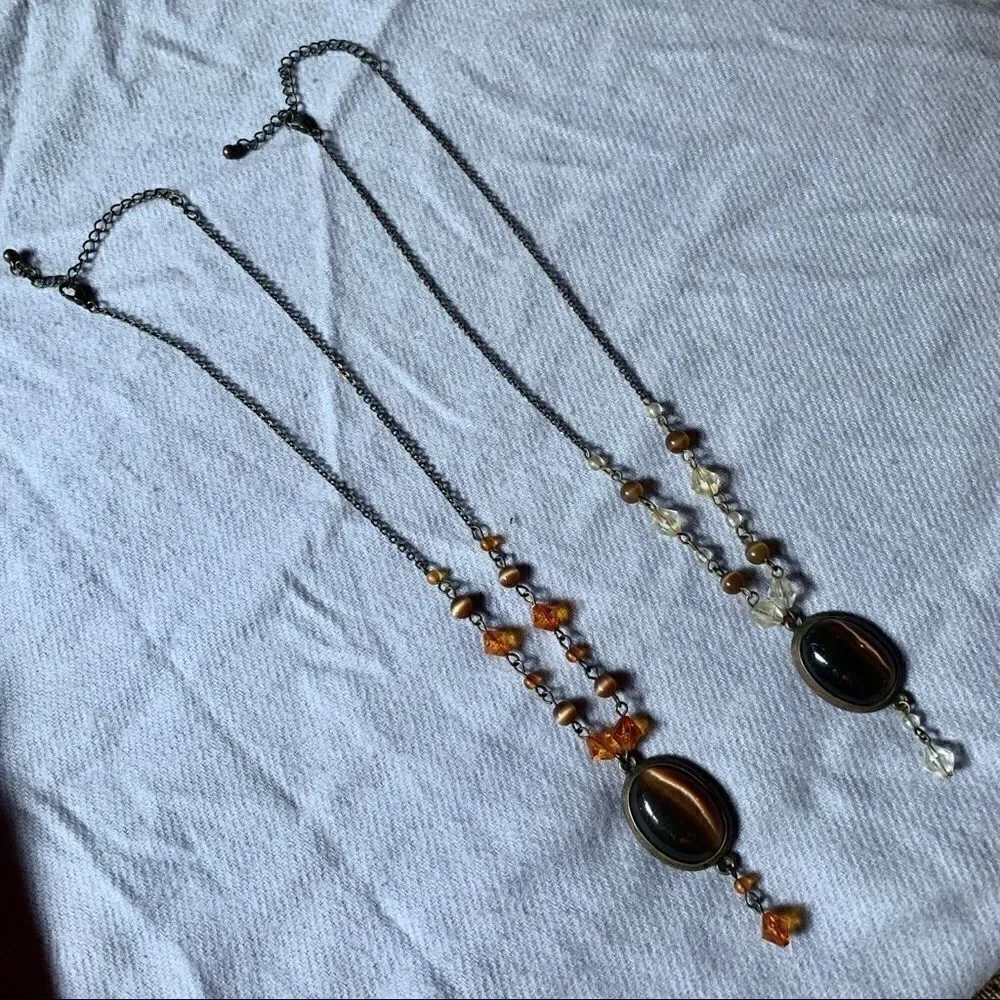 Pair of Brown Tigers Eye Jeweled beaded and silver tone Necklaces.